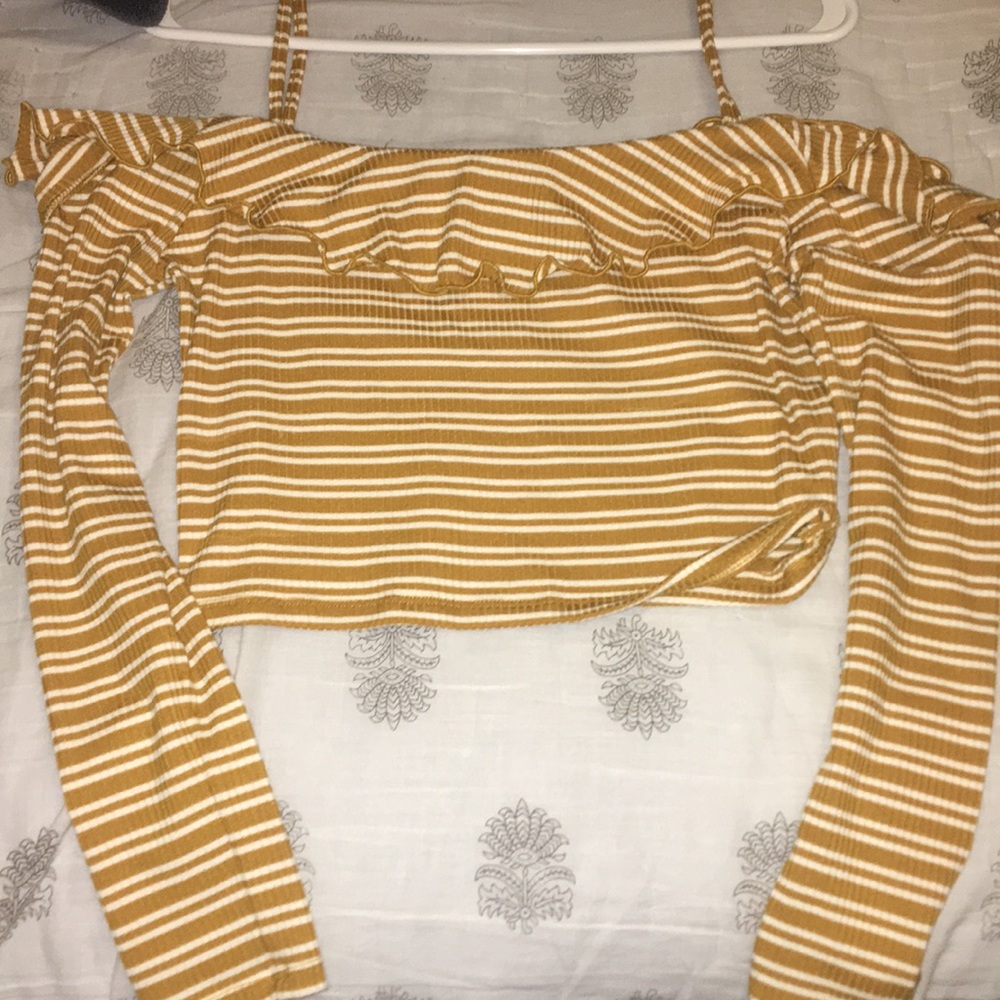 Yellow and white striped off the shoulder top
